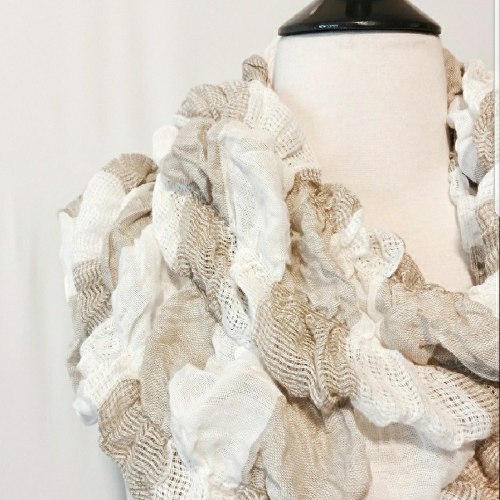 Cream & Tan Cotton Stripe Scarf - Picture 3 of 6